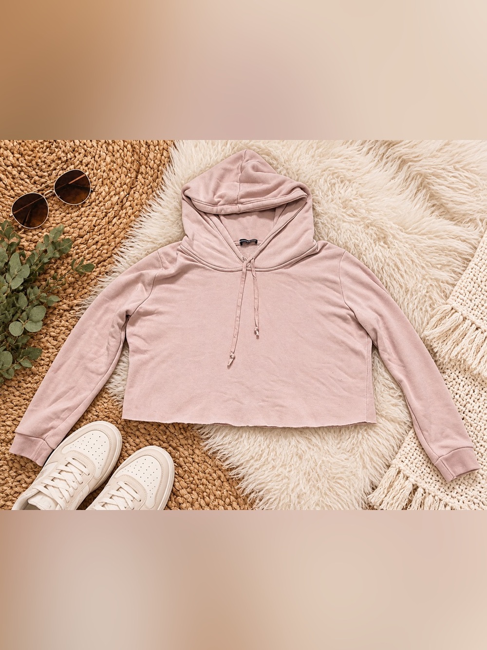 Brandy Melville Dusty Rose Pink Cropped Hoodie Raw Hem S/M